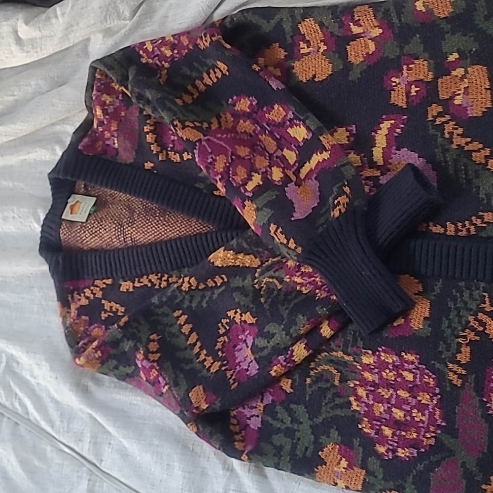 FARM Rio Flowerdoscopic Floral Knit Cardigan Navy Purple Yellow Long Sleeve S - Picture 2 of 8